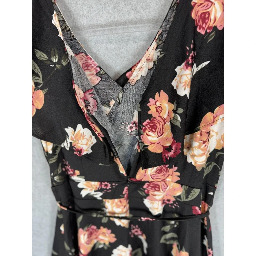 Fantaist Dress Womens Large Black Floral Wrap Short Sleeve Fit Flare Belted Boho